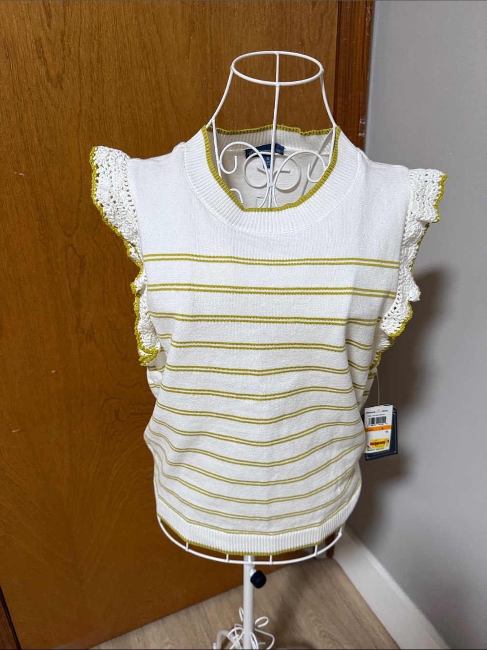 Democracy White Tank Top with Yellow Stripes and Crochet Ruffle Sleeves